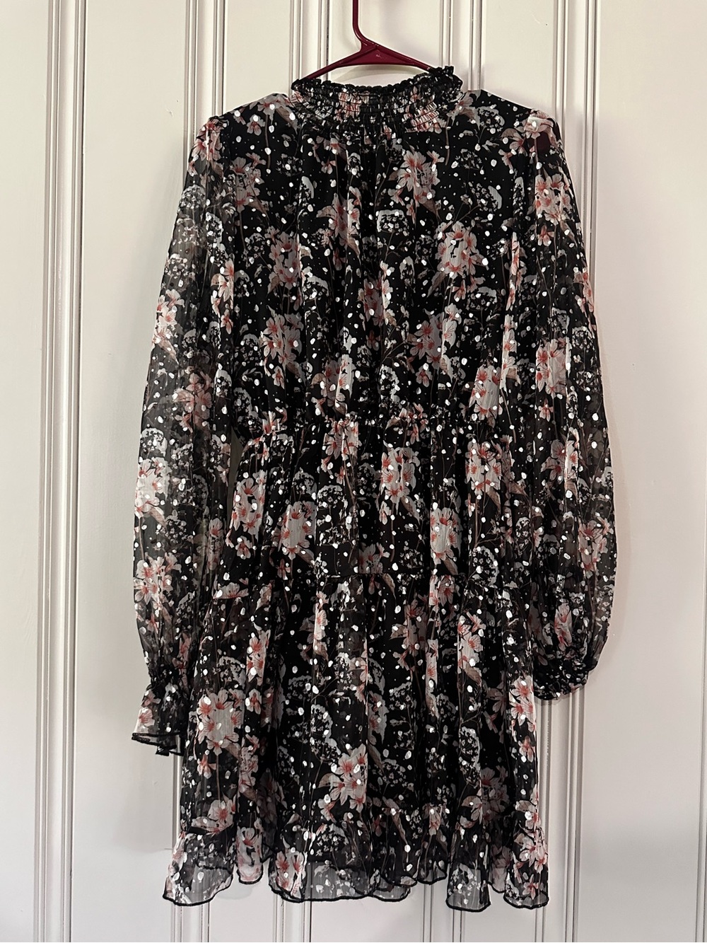 O.P.T Floral Black Mini Dress with Silver Dots that glimmer in the light - Picture 3 of 9